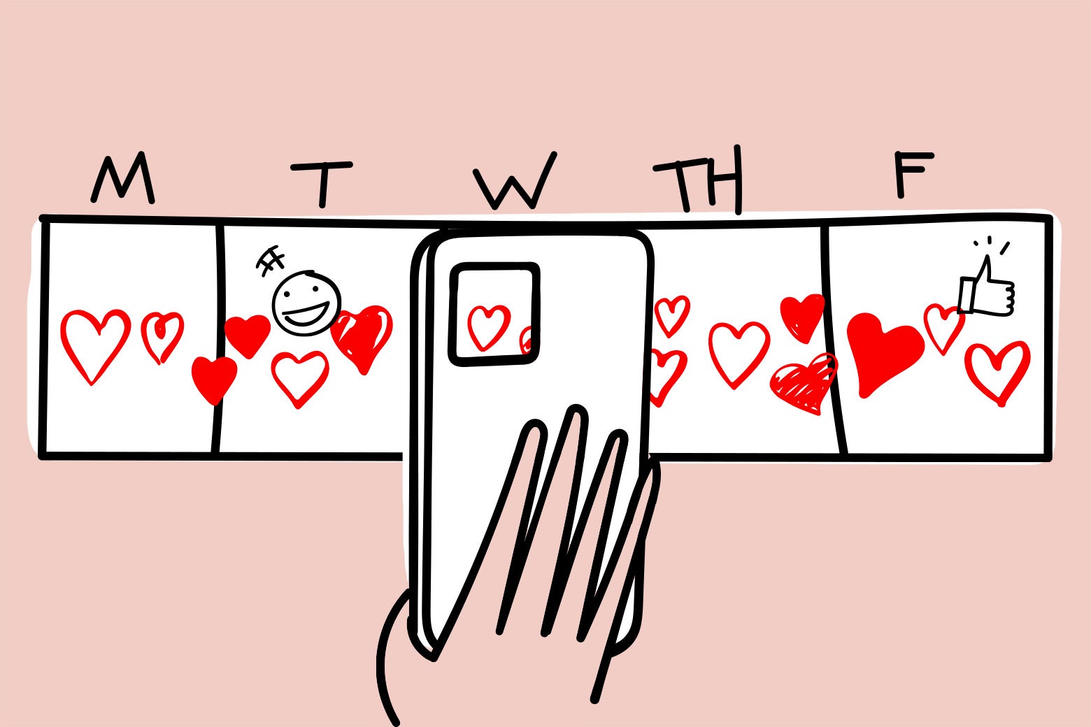 A hand holding a phone using a dating app is seen on a pink background with a calendar connoting the days of the week there are dates. They are swiping right on a dating app. 