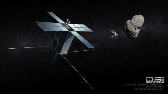 A drawing shows what Deep Space Industries' initial "FireFly" craft might look like as they explore a small asteroid up-close.