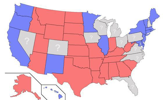Electoral map showing undecided states.
