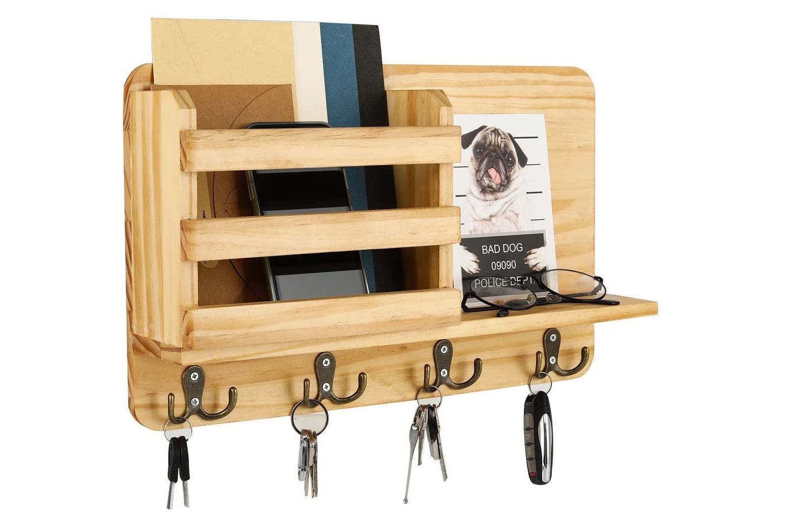 Wooden wall-mounted mail organizer with hooks for keys