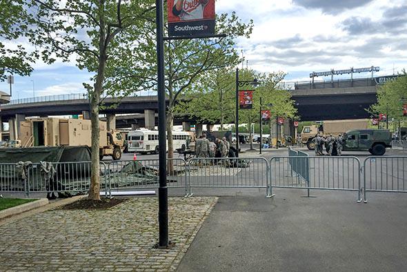 The National Guard outside an empty Oriole Park at Camden Yards on April 29, 2015 in Baltimore, Maryland.