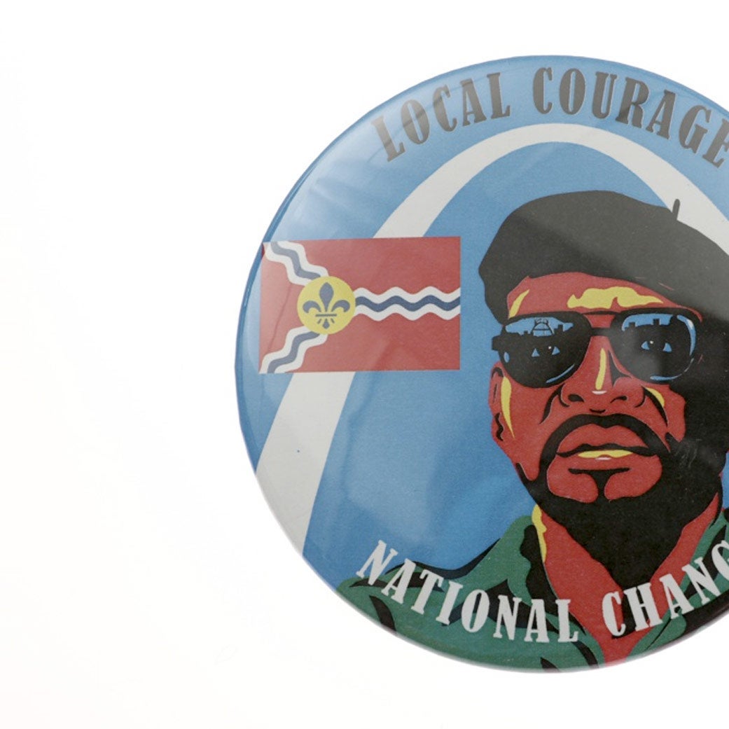 A pin showing an image of Percy Green and the Gateway Arch says, "Local courage, national change."