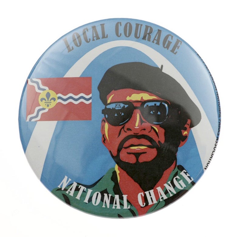 A pin showing an image of Percy Green and the Gateway Arch says, "Local courage, national change."