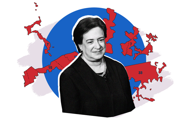 Elena Kagan in front of some mapped congressional districts