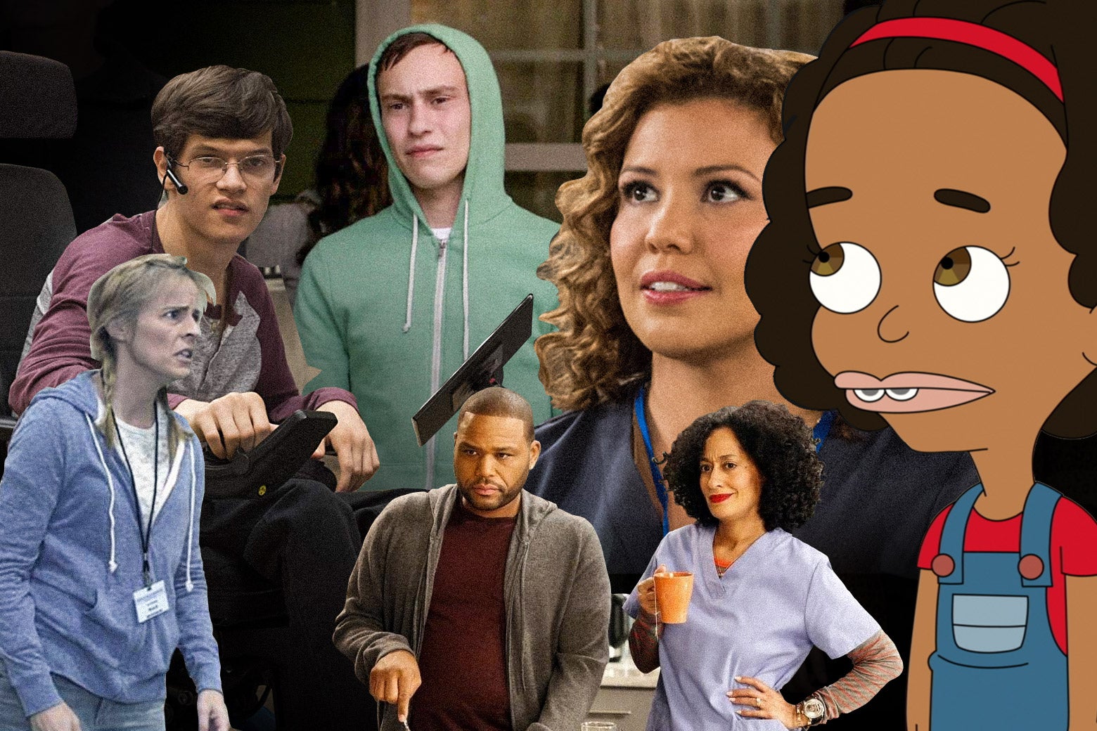 Stills from One Day at a Time, Black-ish, plus some combo of The Bold Type, Big Mouth, Speechless, Atypical, and Lady Dynamite.