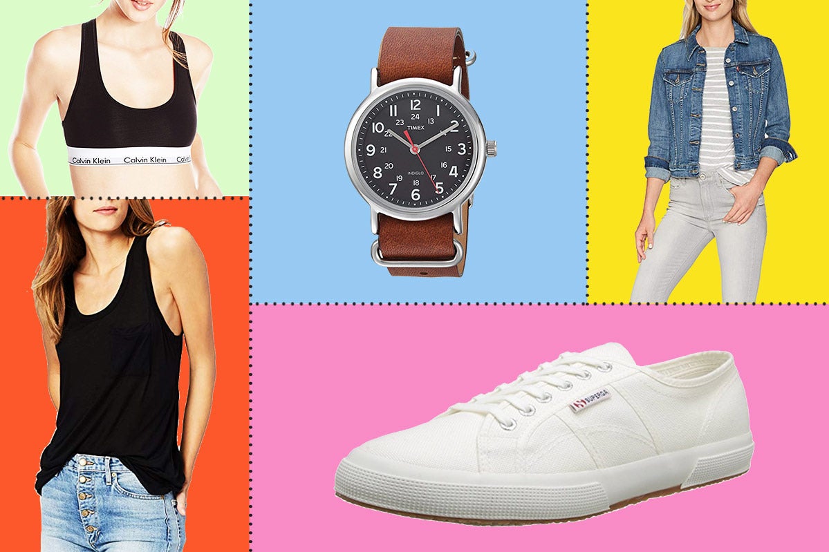 Collage of various fashion products, including a watch, white sneakers, and denim jacket.