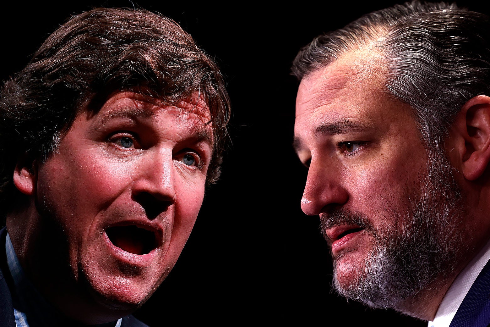 Tucker Carlson and Ted Cruz against a black background as if they are having a heated faceoff.