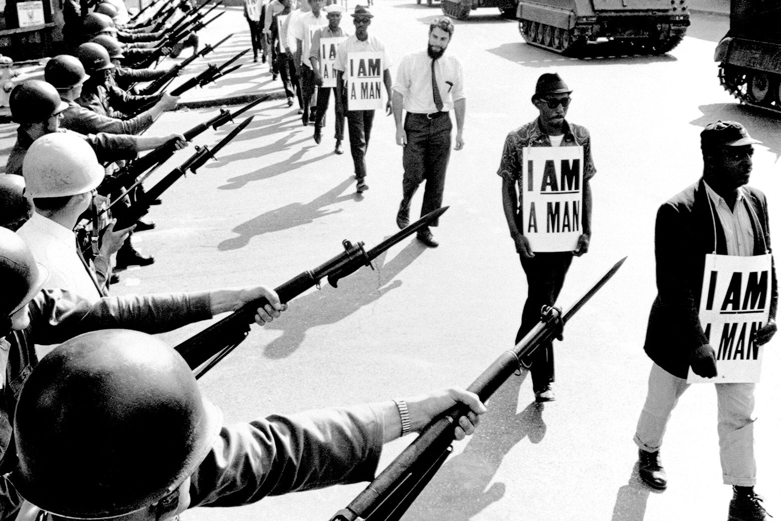 Civil Rights activists are blocked by National Guardsmen brandishing bayonets while trying to stage a protest on Beale Street in Memphis, Tennessee.