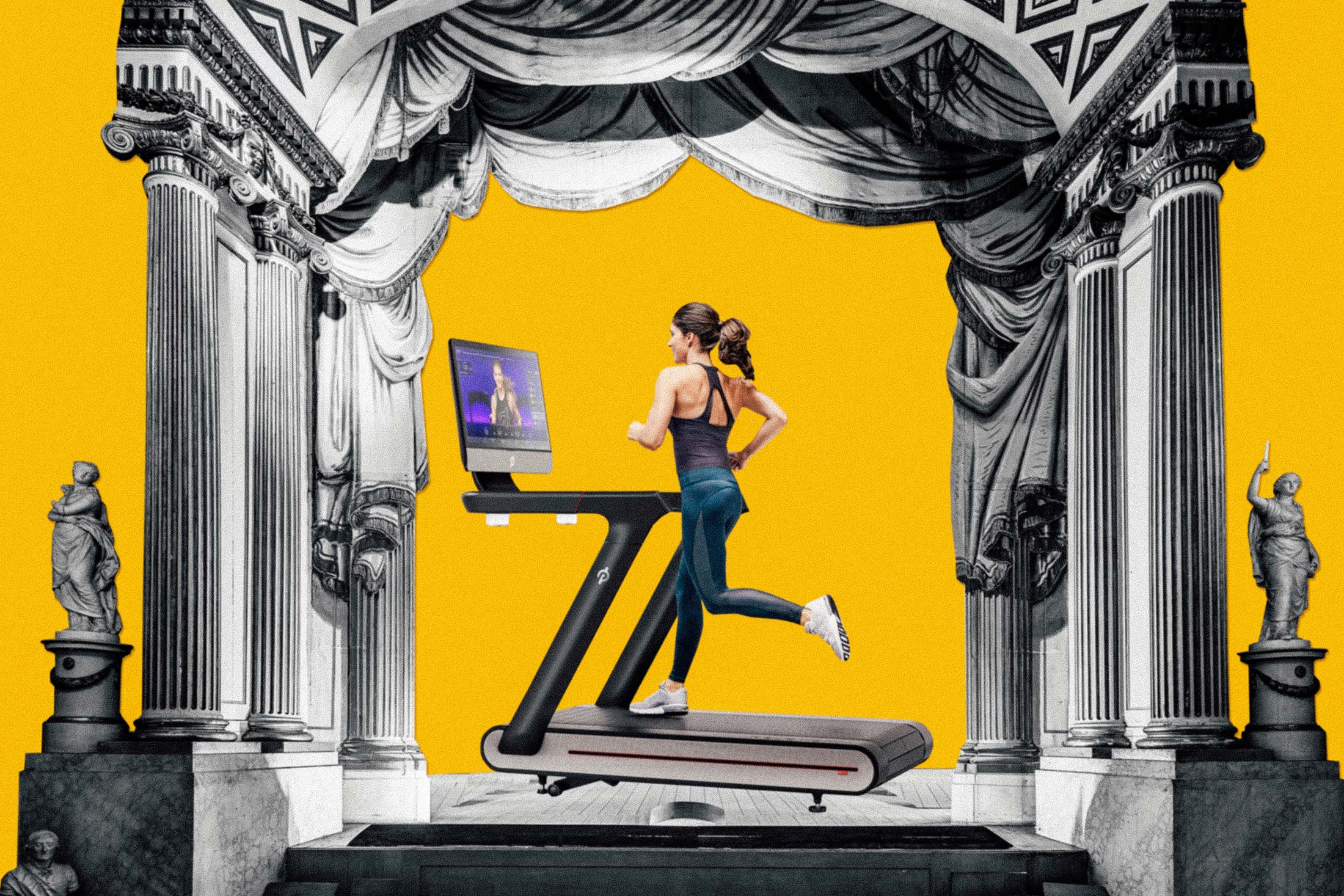 Photo illustration of a woman jogging on a Peloton Tread on a stage with columns.