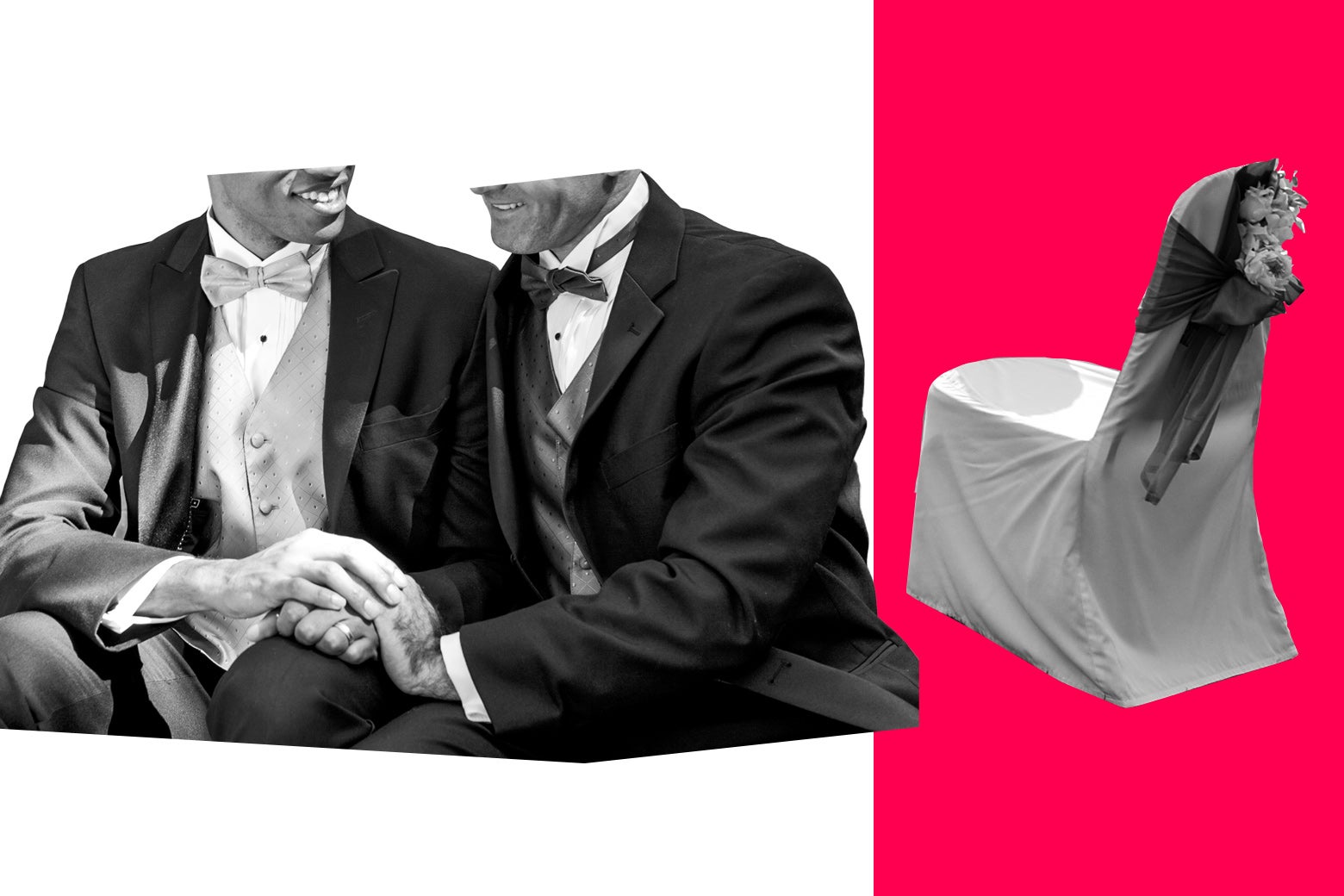 Two men in wedding attire hold hands next to an empty wedding chair.