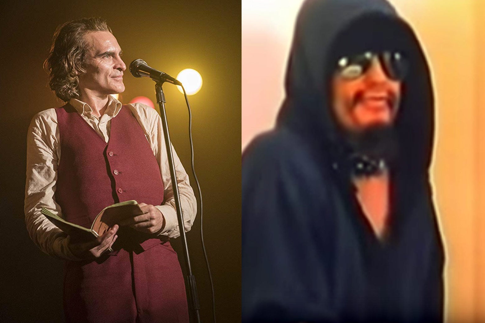 Side-by-side stills of Joaquin Phoenix as Arthur Fleck performing onstage and GG Allin wearing a hoodie.