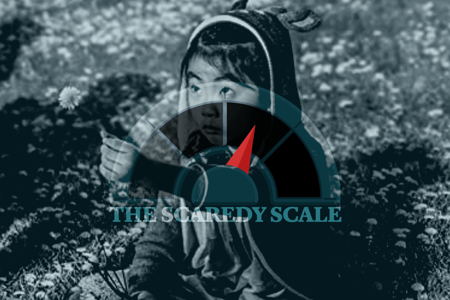 A young Asian girl wearing what looks like bear pajamas sits down on the grass, holding up a small flower. In front of her is photoshopped a twitching meter and the words "The Scaredy Scale."