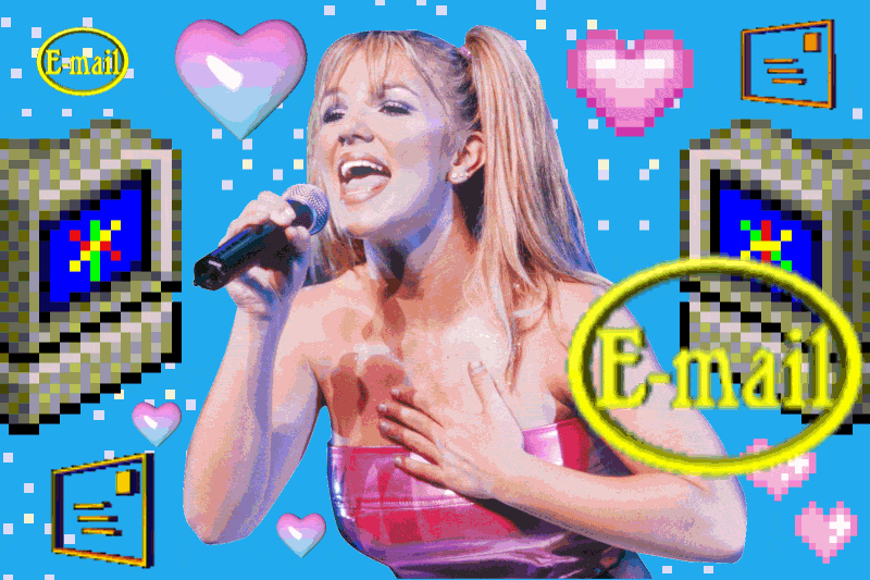 Britney Spears singing against a backdrop of ’90s-era email animated GIFs.