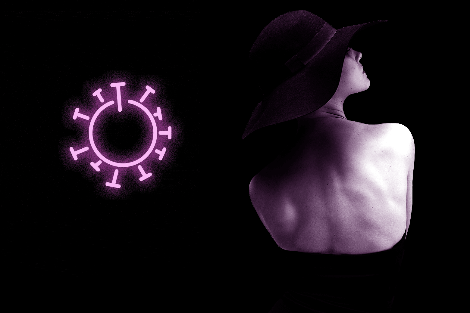 A woman in a sleek dress and an oversized hat with a neon microbe to her left.