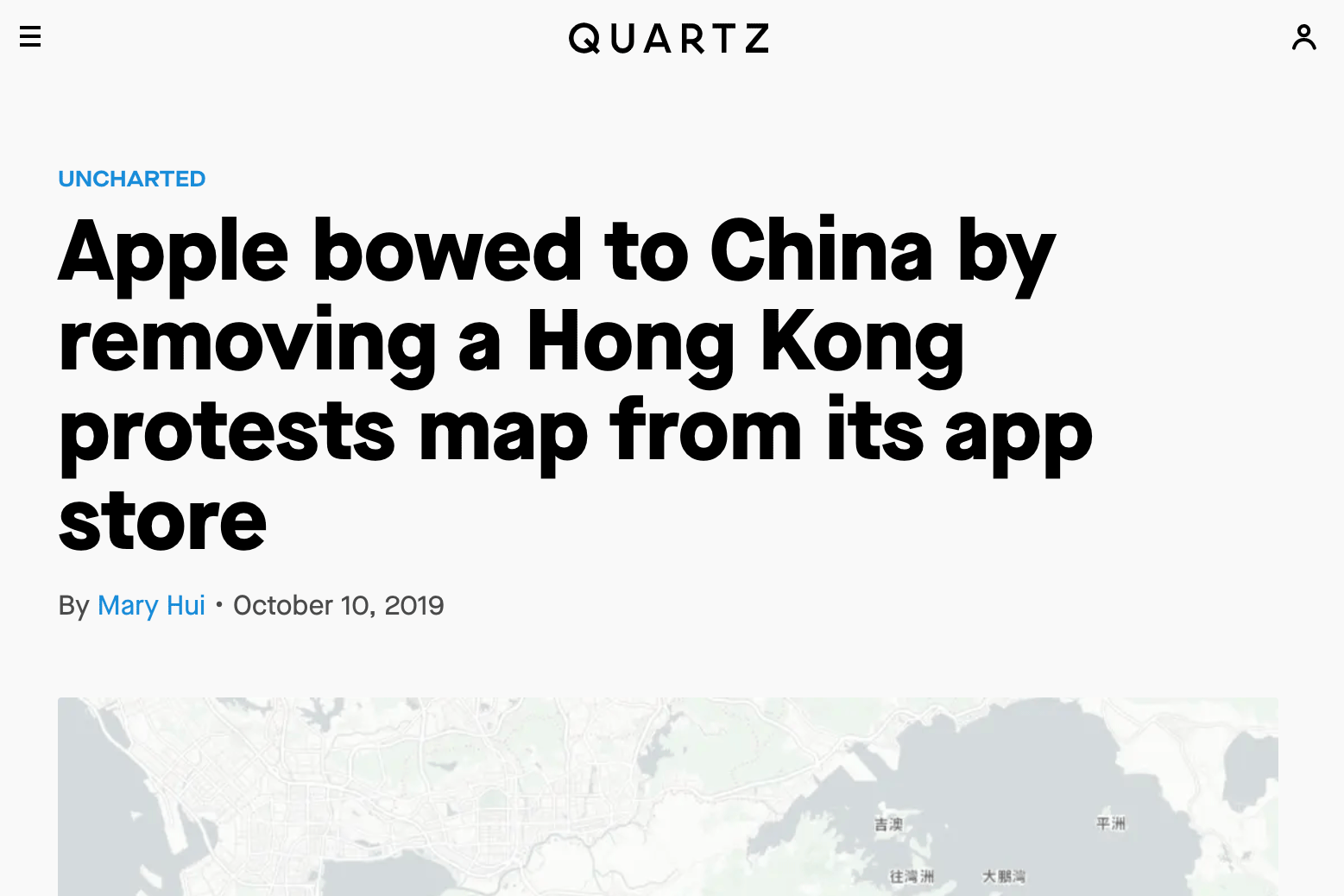 Quartz: Apple bowed to China by removing a Hong Kong protests map from its app store.