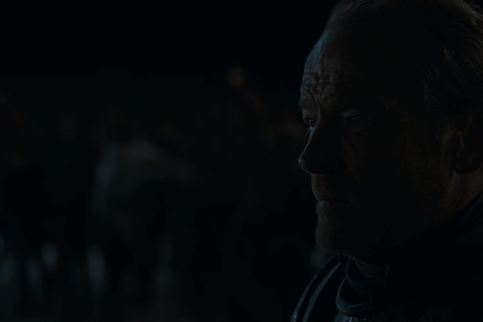 Iain Glen, as Jorah Mormont on Game of Thrones, gazes toward the horizon in a shot that recalls Alexander Nevsky.