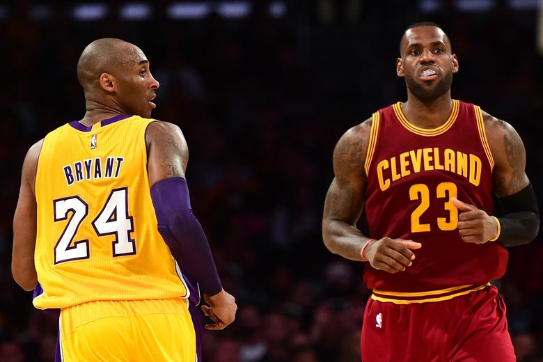 LeBron James of the Cleveland Cavaliers and Kobe Bryant #24 of the Los Angeles Lakers match up.