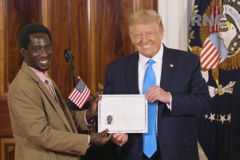 Trump posing with one of the new American citizens during the naturalization ceremony used at the Republican convention.