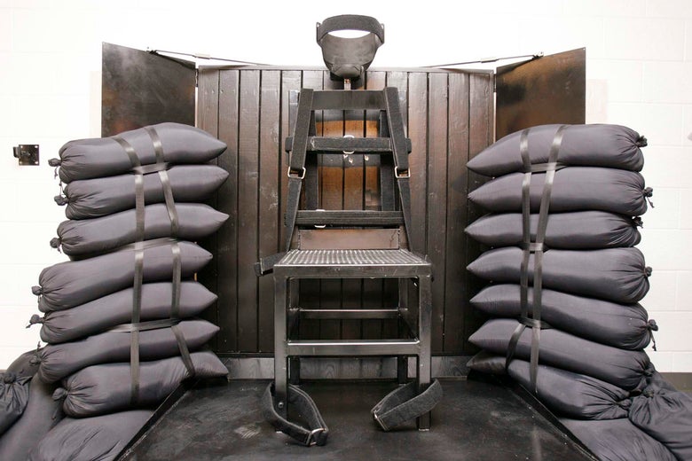 The execution chamber at the Utah State Prison is seen after Ronnie Lee Gardner was executed by a firing squad in Draper June 18, 2010. 