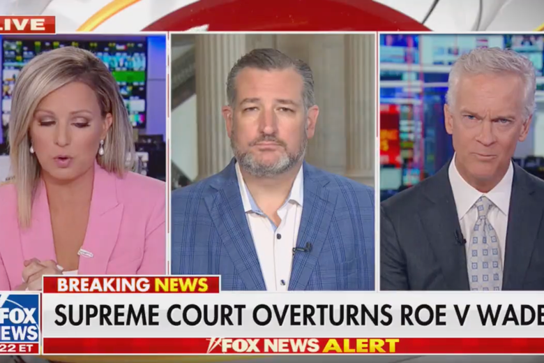 Three talking heads, with a somber Ted Cruz at the center, over a Fox News chryon reading “Supreme Court Overturns Roe v. Wade”