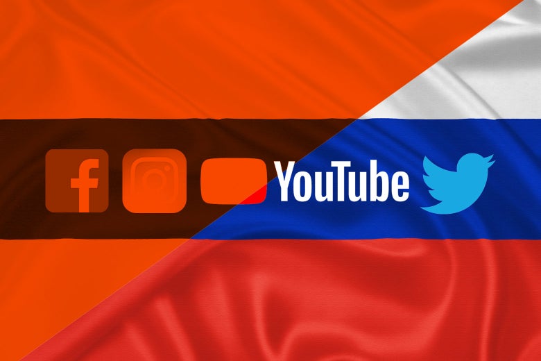 Social media logos over a Russian flag with the colors of the If Then logo overlapping.