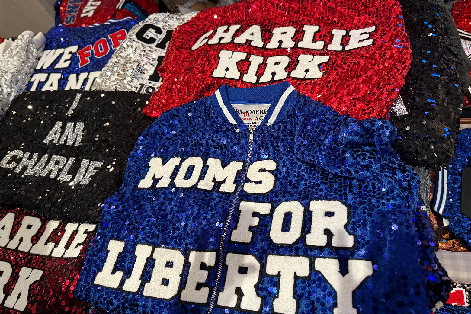 Sequined jackets for sale say things like "I am Charlie Kirk." 