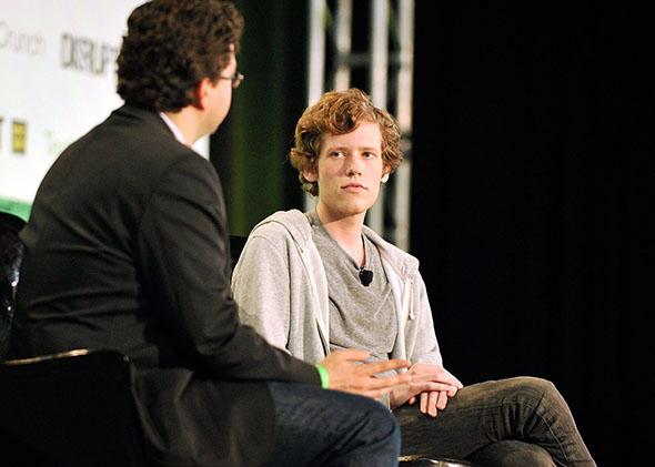 Erick Schonfeld (L) and Christopher Poole (R) speak at TechCrunch Disrupt New York May 2011 at Pier 94 on May 25, 2011 in New York City.