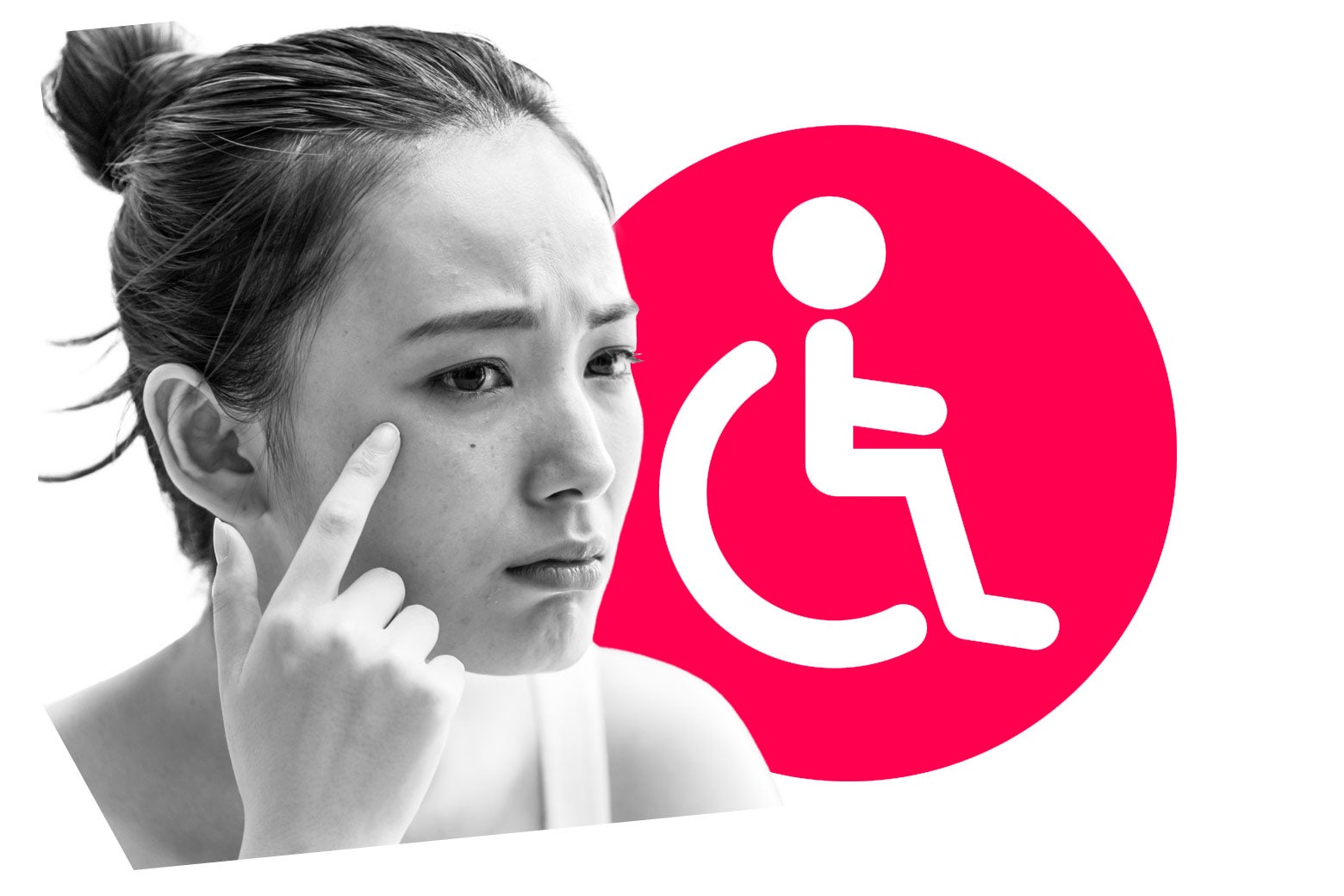 A person points at their face with an illustrated International Symbol of Access behind them.