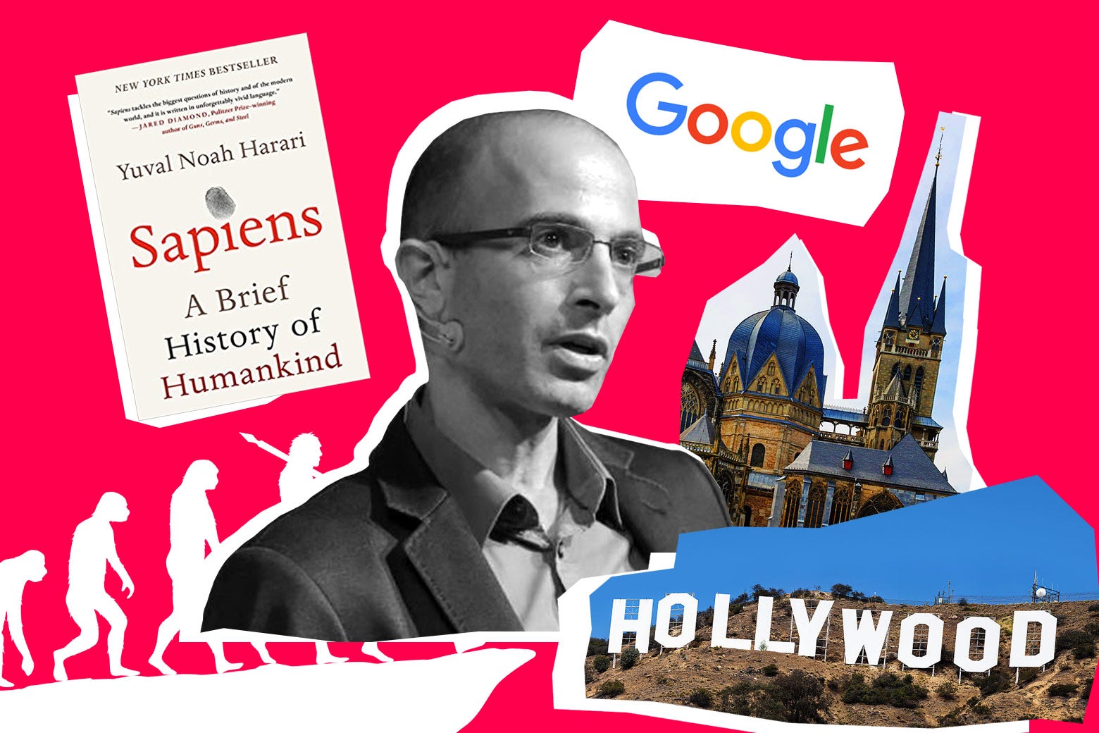 Yuval Noah Harari surrounded by a copy of his book Sapiens, the Google logo, the Hollywood sign, a cathedral, and the evolution of man drawing.