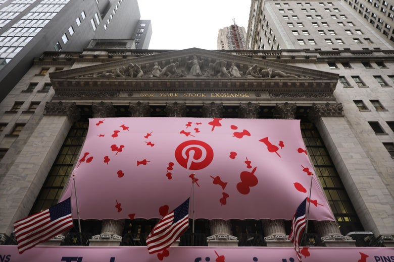 A banner for Pinterest hangs from the New York Stock Exchange. 
