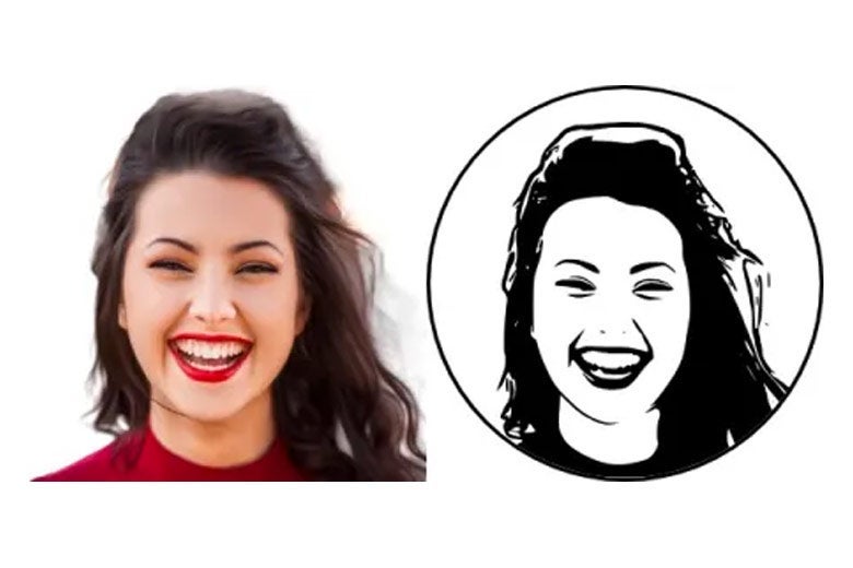 Photo of woman's face next to stamp image of woman's face.