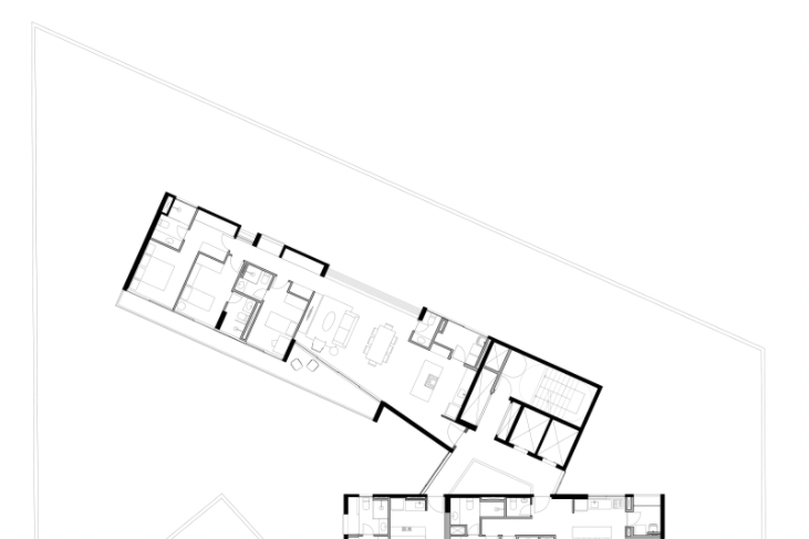 A floor plan of three units across the two-volume structure