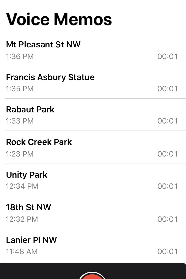 Screenshot of Voice Memos app showing locations where the author was walking.