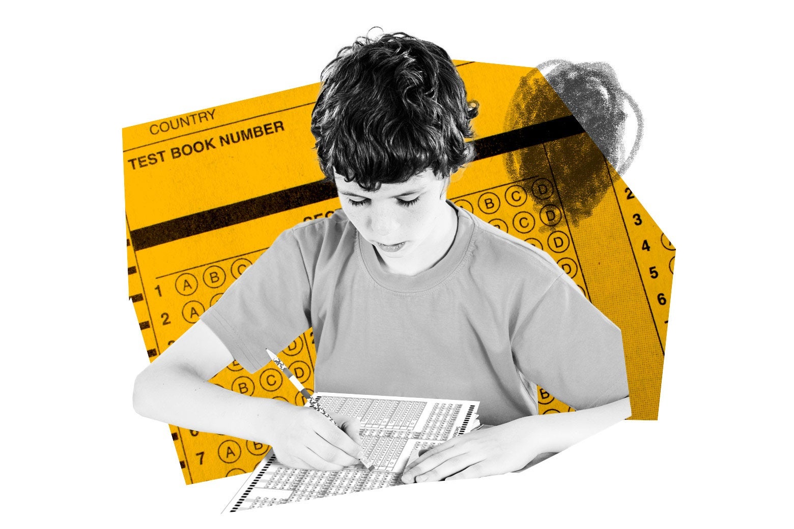 Collage of a middle school boy taking a standardized test with an answer bubble sheet in the background