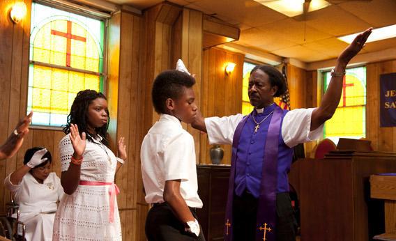 Toni Lysaith as Chazz Morningstar, Jules Brown as Flik Royale, and Clarke Peters as Bishop Enoch Rouse in Spike Lee’s Red Hook Summer. 