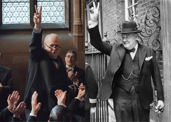 Gary Oldman in Darkest Hour and the real Winston Churchill giving his famous 'V' sign, May 1943.