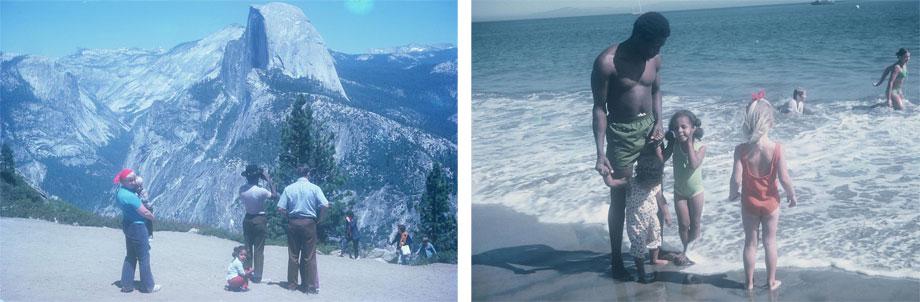Looking out over Yosemite National Park (l). On the beach.