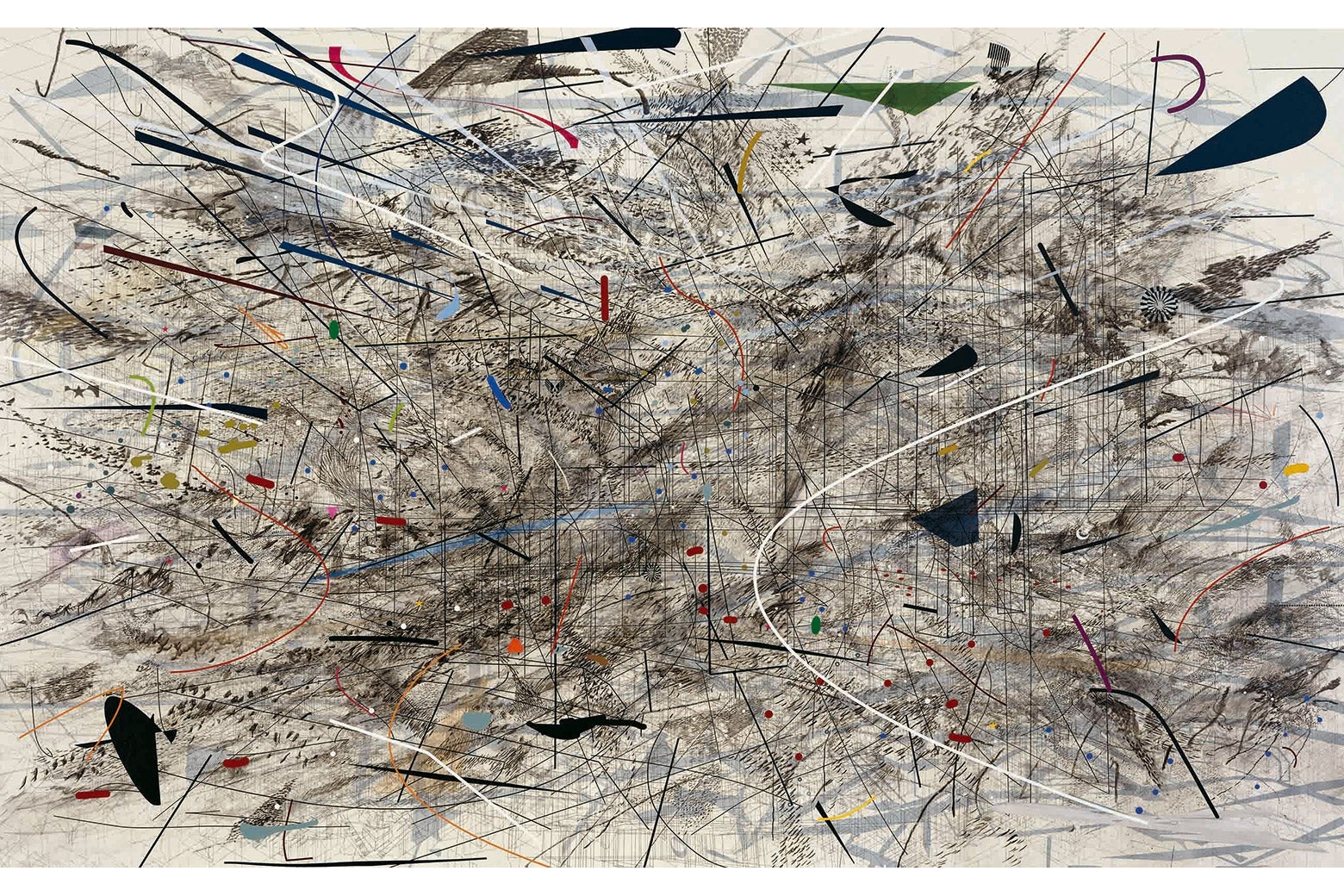 Julie Mehretu, Black City, 2007. Ink and acrylic on canvas, 120 x 192 inches (304.8 x 487.7 cm). 