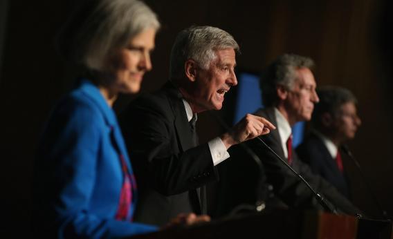 Presidential candidate Rocky Anderson from the Justice Party makes a point as Jill Stein from the Green Party, Constitution Party presidential candidate Virgil Goode, and Gary Johnson from the Libertarian Party look on.