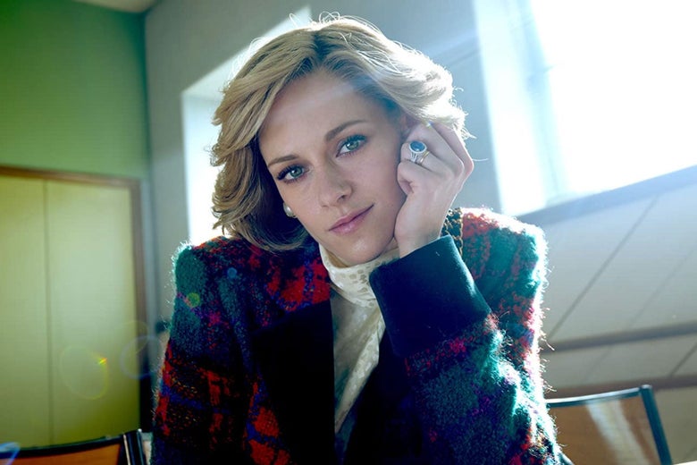 Kristen Stewart as Princess Diana with a plaid jacket in a still from the film.