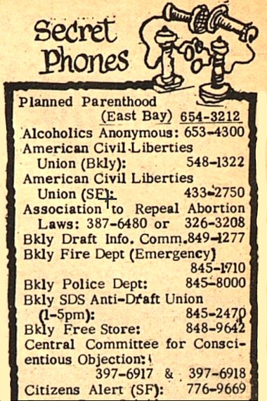 "Secret Phones," a list of phone numbers for organizations including the ACLU, Planned Parenthood, and the Berkeley Police Department.