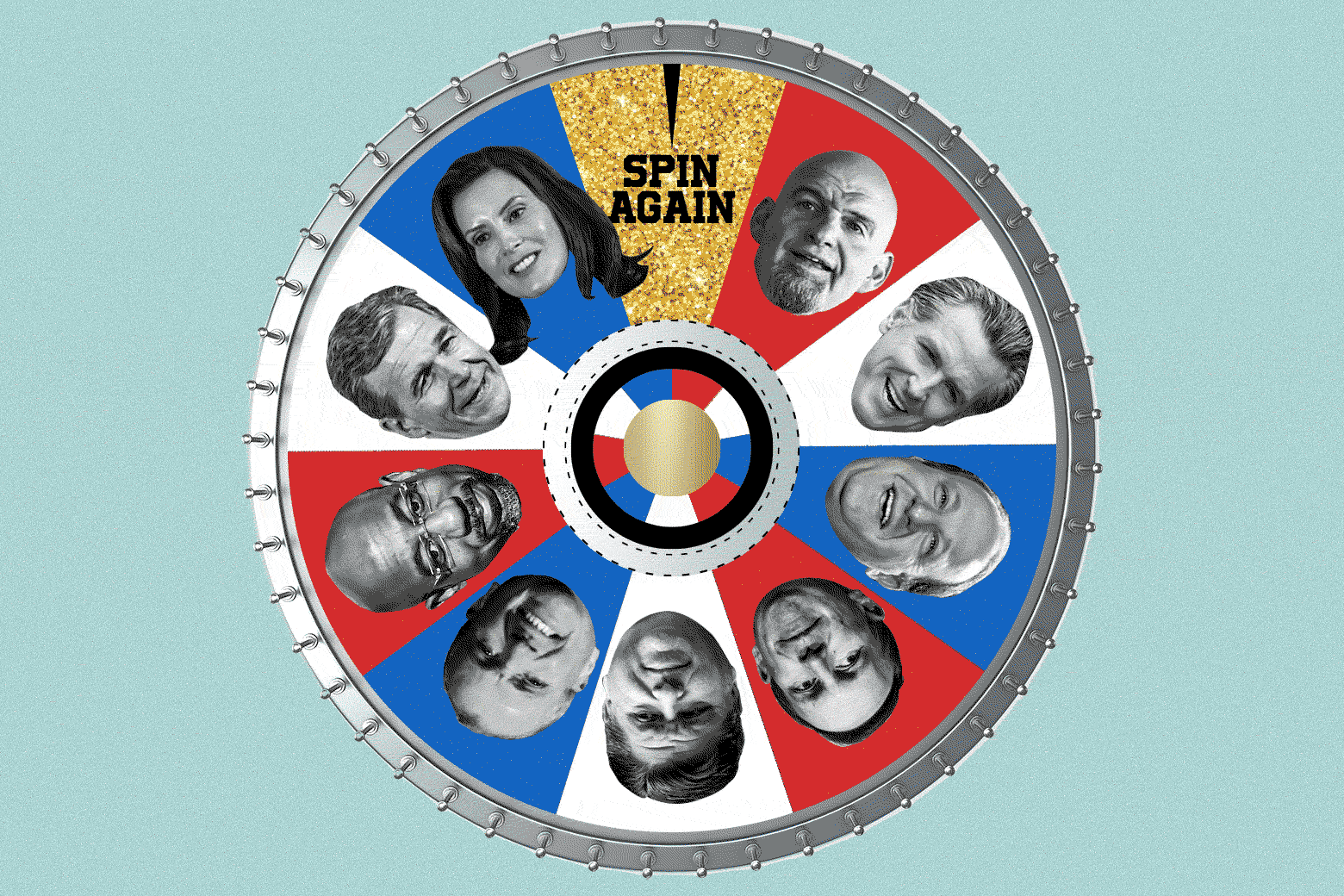 A photo illustration of potential Democratic party contenders for 2024, arrayed as if in a wheel of fortune. The wheel turns and lands on the guidance to "spin again."