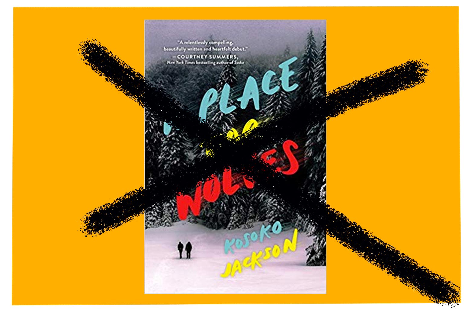 The cover of A Place for Wolves being crossed out.