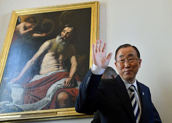 U.N. Secretary-General Ban Ki-moon after a press conference during the a climate change conference organized by the Pontifical Academy of Sciences at the Vatican on April 28, 2015