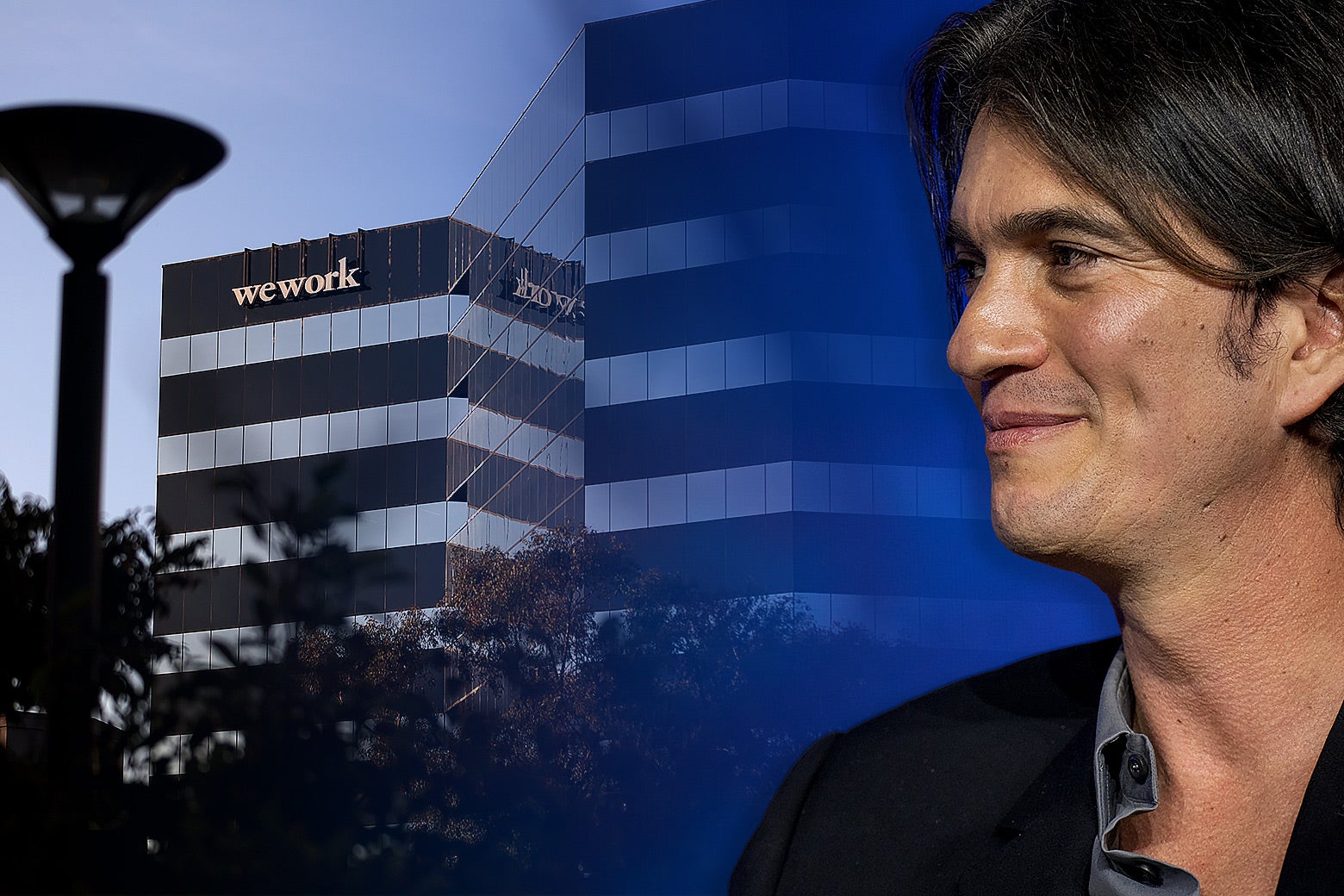 A photo of Adam Neumann smiling overlaps a photo of a large office building with the WeWork sign at the top of it. 