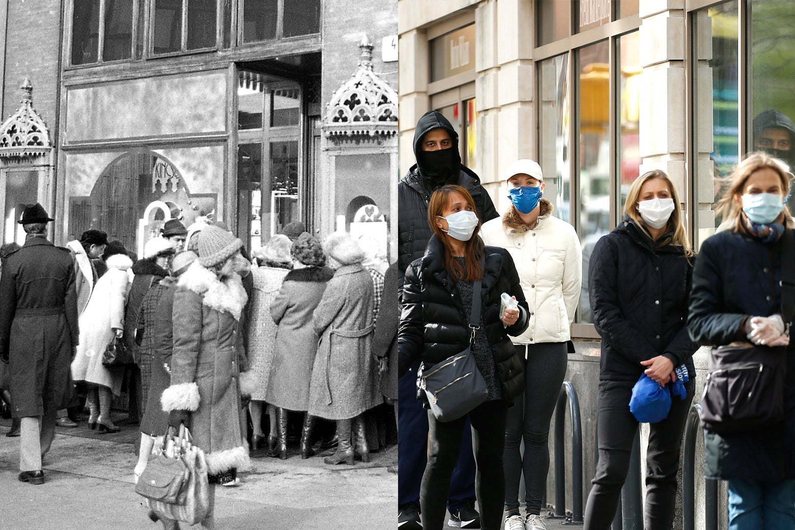 Side-by-side photos of people crowded around the entrance of a market in Hungary in 1979 and people in New York City waiting in line to enter a Trader Joe's.