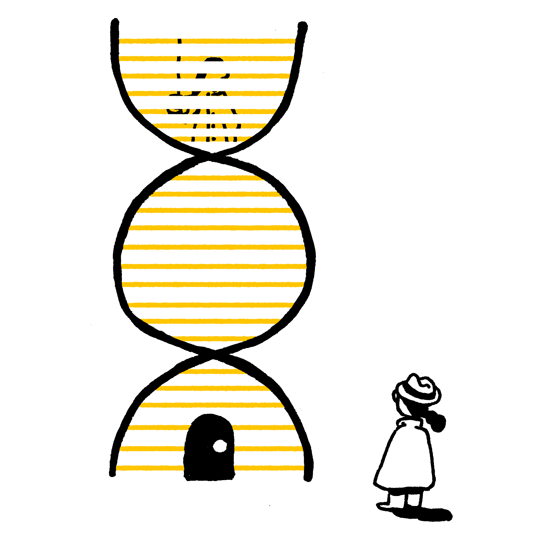 A man looking up at a woman closing blinds in a DNA strand.