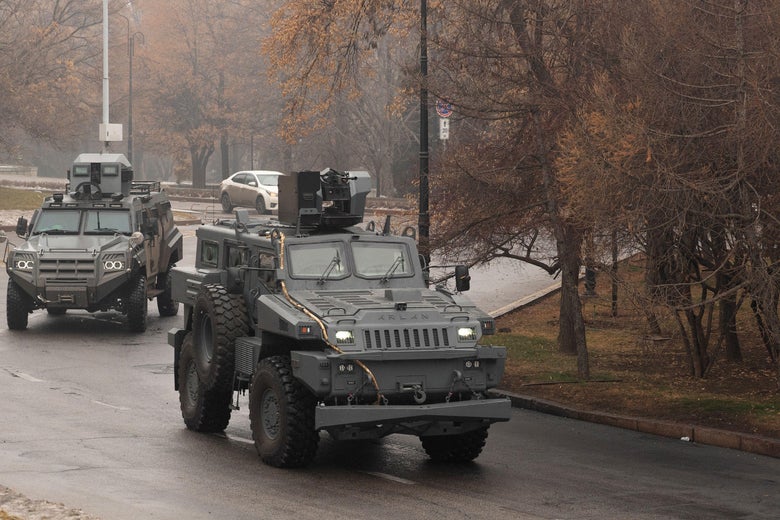 Military vehicles patrol streets in central Almaty on January 7, 2022, after unprecedented unrest in the Central Asian nation due to a hike in energy prices. 