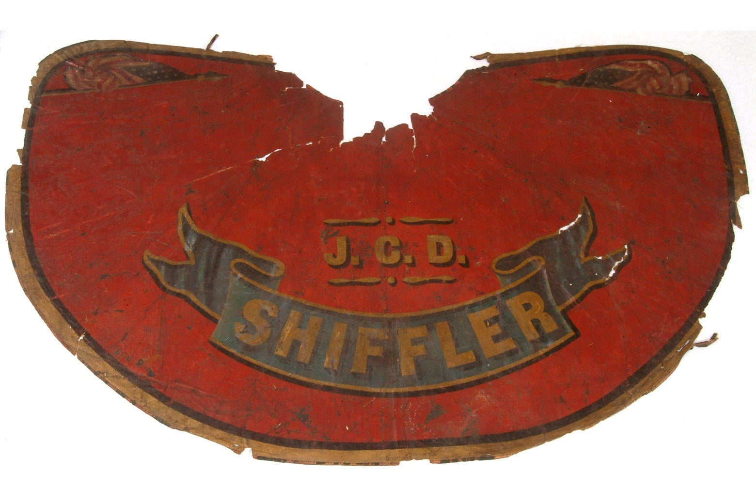 Nineteenth-century fireman's cape with "Shiffler" emblazoned on it.