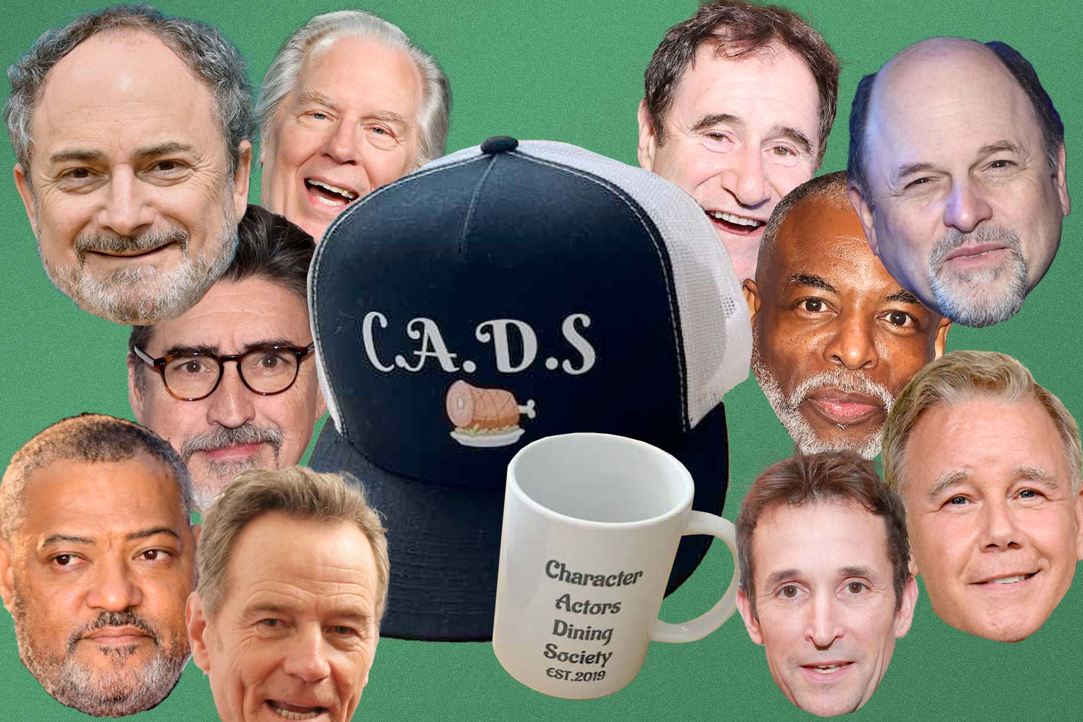 A collage of the faces of 10 of the character actors mentioned in the interview along with the CADS mug and hat gifts. 